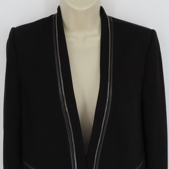 Rebecca Taylor Womens 6 Open Front Black Zipper Faux Leather Trim Blazer Jacket - Picture 2 of 9